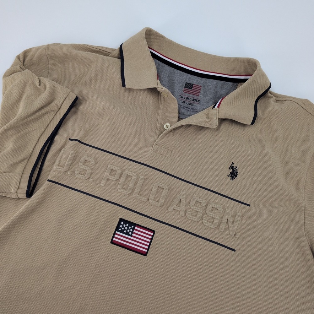 U.S Polo Big Pony Khaki Polo Shirt Size XXL Cotton Embossed Logo American Flag